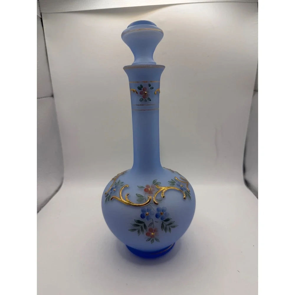 Vintage Frosted Blue Satin Glass Decanter Hand Painted Floral Gold Gilt 8.5